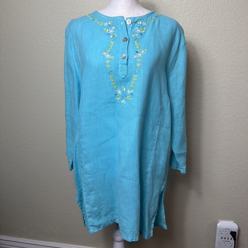 Hot Cotton Linen Blouse Small Turquoise Floral Coastal Grandmother Lagenlook USA